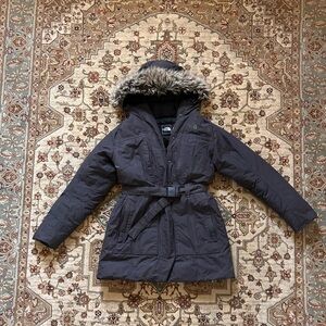 The North Face Gray goose down belted Parka with Fur Trim